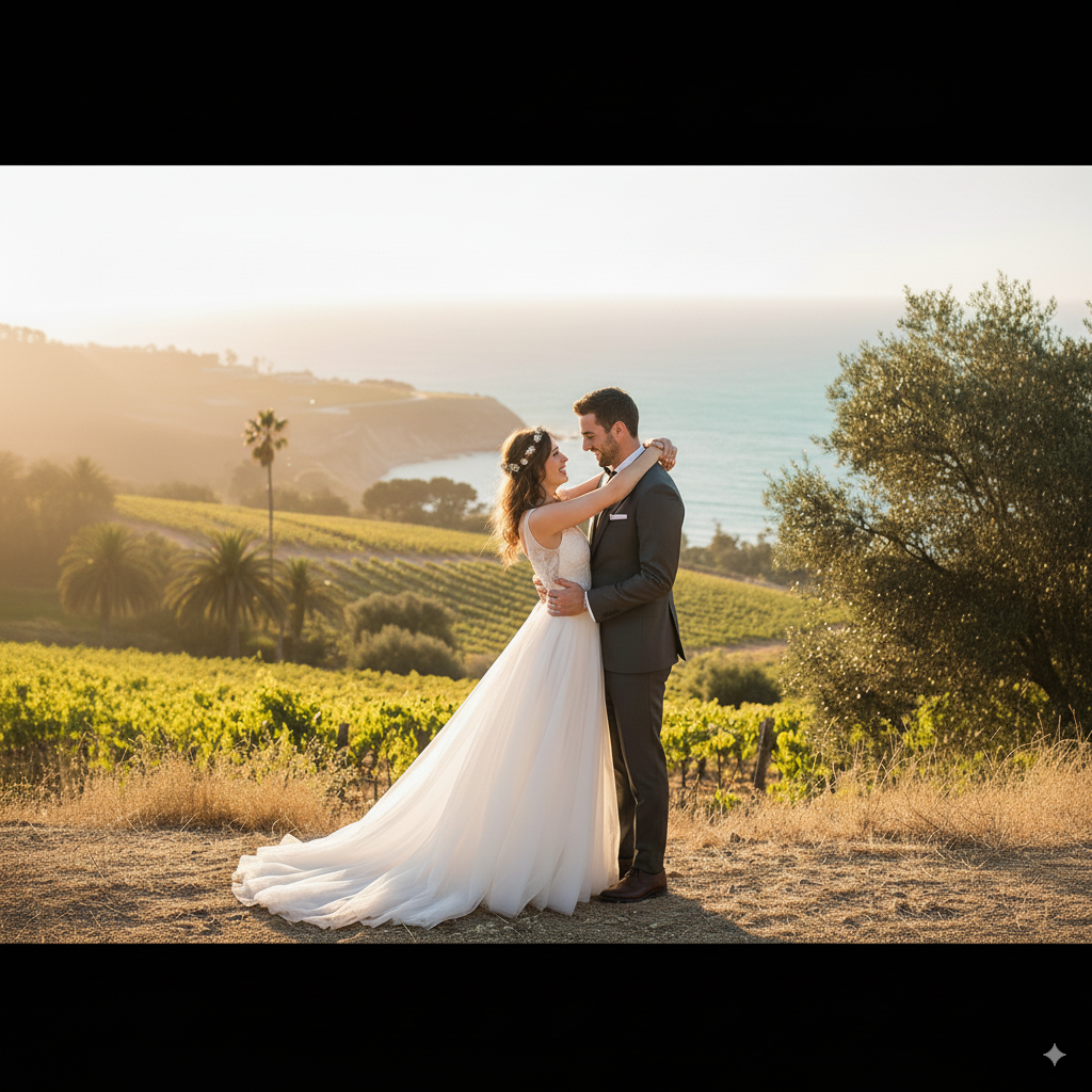 Couple using an AI wedding tool and AI wedding assistant to plan their wedding with VowLaunch